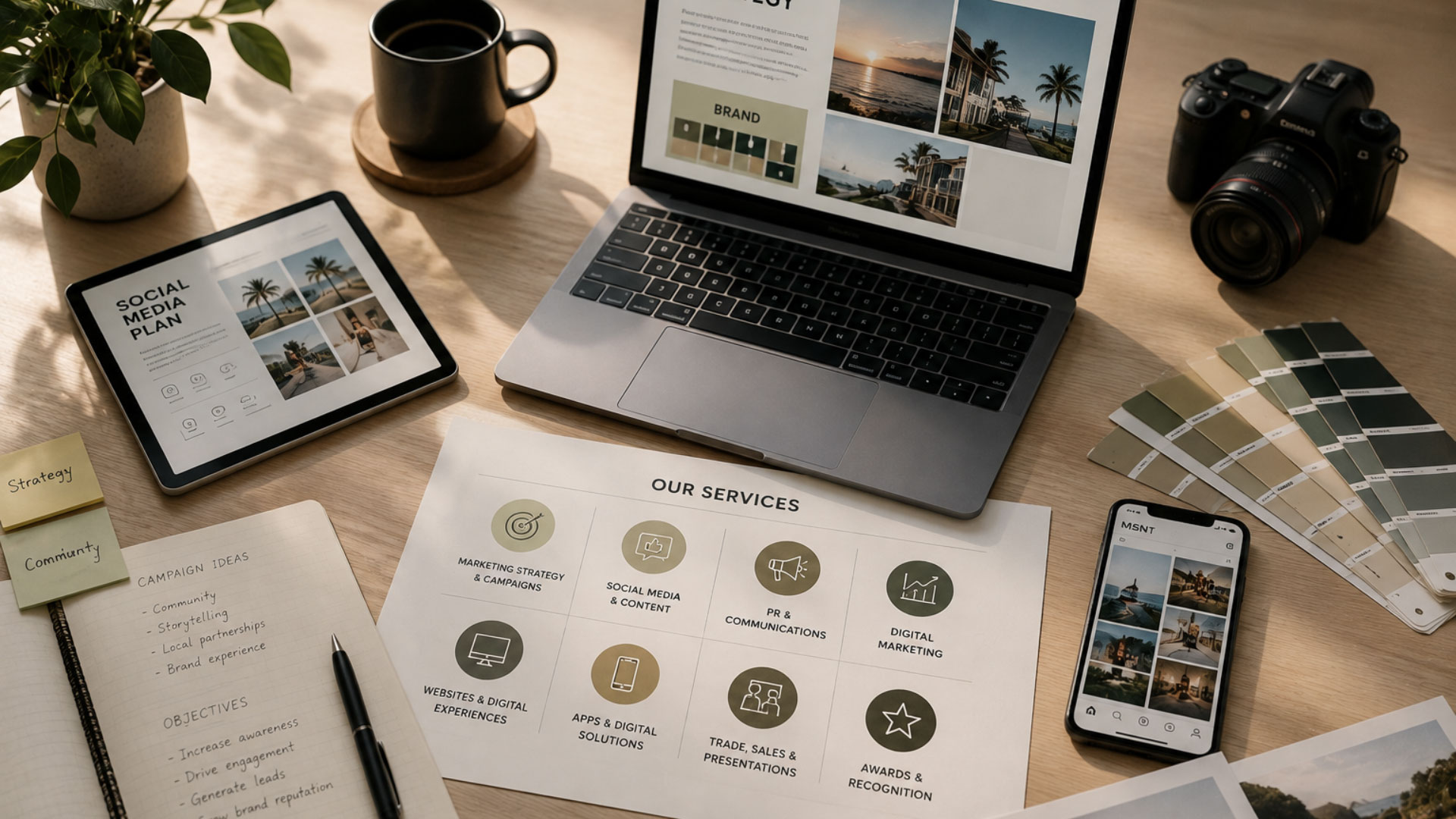 Marketing workspace with a social media plan, campaign notes, brand palette and the MSNT services overview