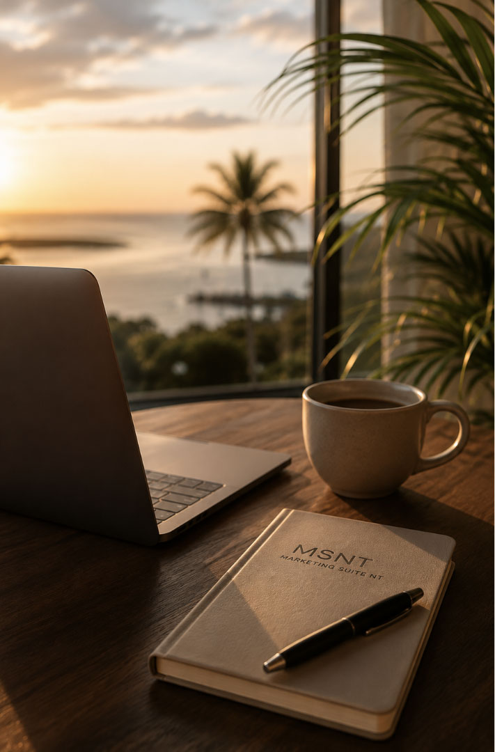 Laptop, coffee and an MSNT notebook on a desk overlooking the water at sunset